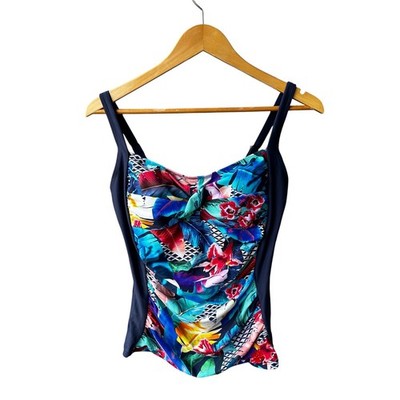 Hapari Tankini Swim Top Tropical Floral Twist Front Navy Blue UPF 50+ Size Large