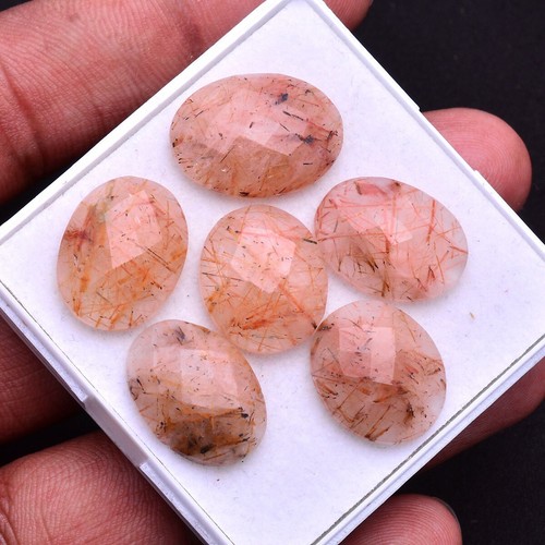 6 Pcs Natural Rutile Quartz Oval Checker Cut Untreated 16MM-19MM Loose Gemstones - Picture 2 of 4