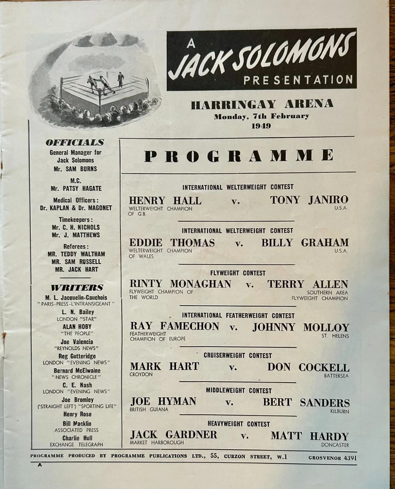 RARE 1949 Tony Janiro Billy Graham Monaghan Famechon Don Cockell Boxing Program - Image 3 of 4