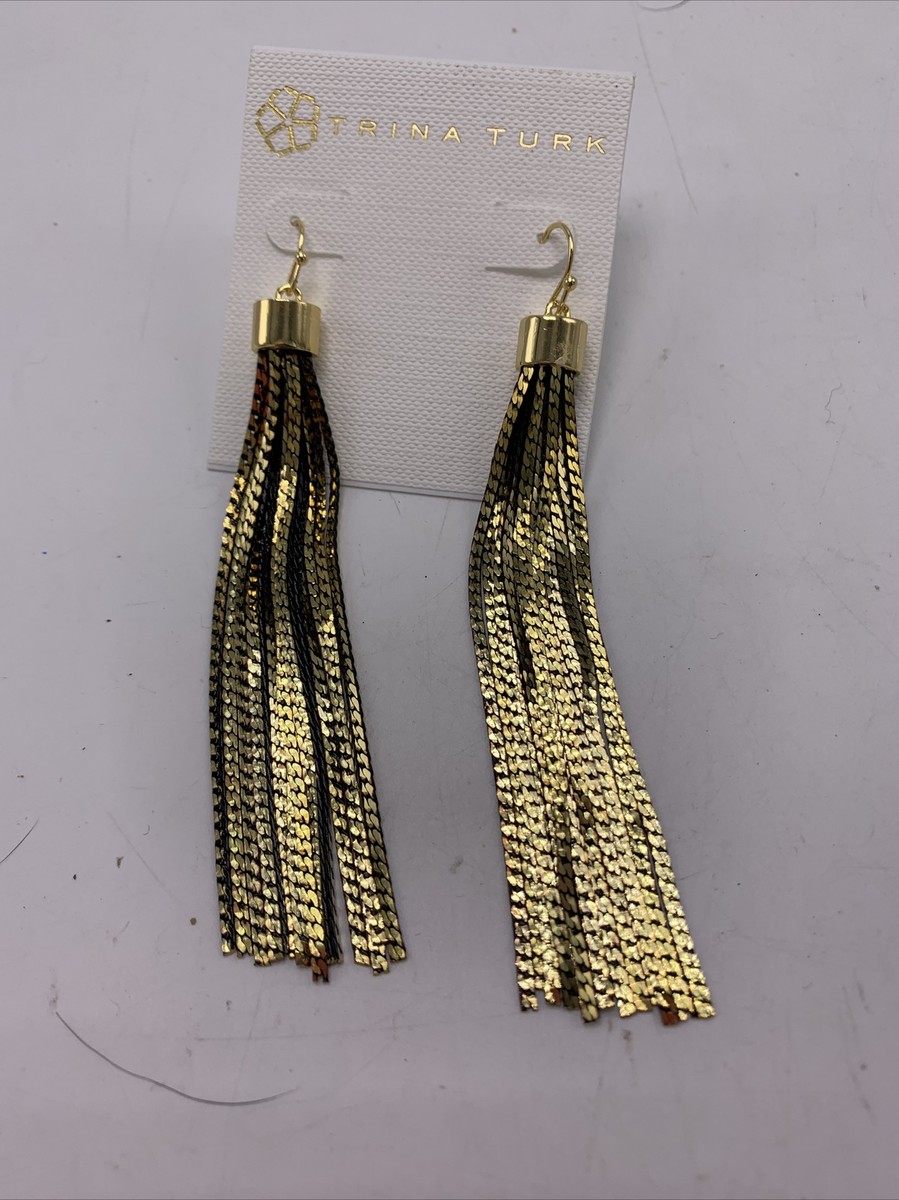 $78 Trina Turk Chain Tassel Dangle Gold Black Tones Earrings
