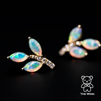 Olivenzweig Blatt Design australischer massiver Opal Diamant Ohrringe 14K Gelbgold