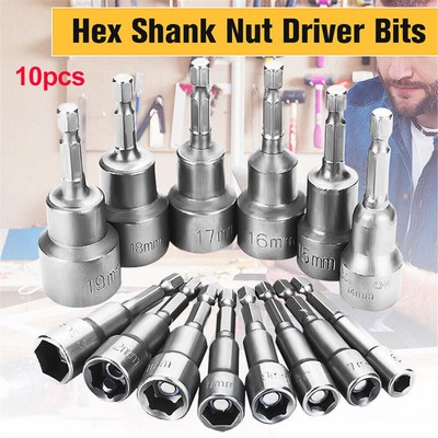 6mm-19mm Hex Socket Magnetic Nut Driver Set Adapter Drill Bit 1/4'' Shank Tools