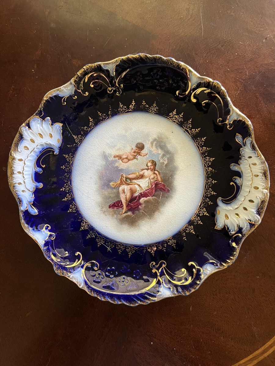 Antique Clarus Ware Flow Blue And Gold Plate Cherub Aglaia