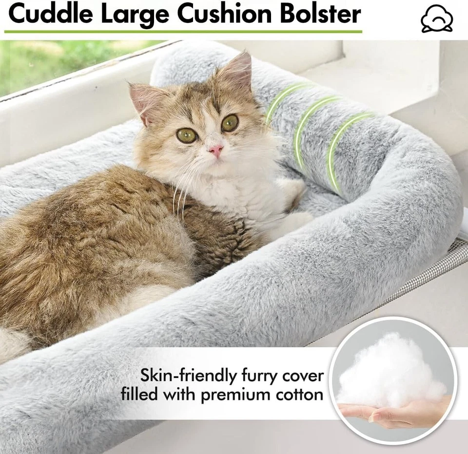 Poleiro para janela de gato com apoio, assento de rede ajustável para gatos grandes cinza - Imagem 2 de 4