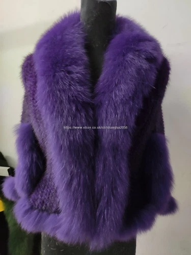 Handmade Knit Real Genuine Mink Fur Coat with Fox Fur Collar Shawls Wraps Cape - Picture 19 of 47