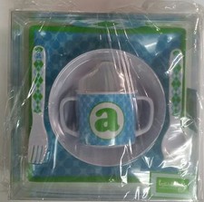 MUD PIE 5-PC BABY BOY INITIAL PLATE BOWL SIPPY CUP FORK  SPOON SET,INITIAL A
