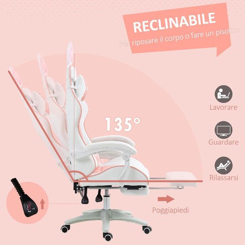 Sedia Gaming Ergonomica Poggiapiedi,Cuscino Lombare e Poggiatesta Rosa DecHome - Foto 6 di 9