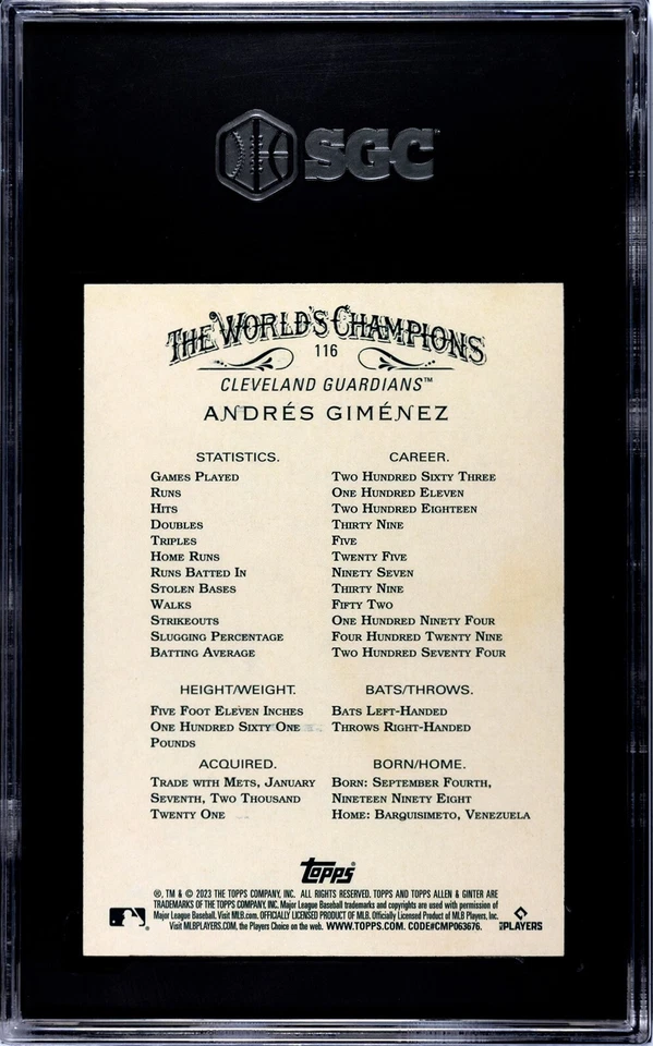2023 Topps Allen & Ginter #116 Andres Gimenez 1/1 GLOSSY SGC 9.5 MINT+ - Image 2 of 2