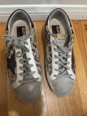 Golden Goose Superstar Low Top Lace-Up Leopard Print Sneaker Gray White