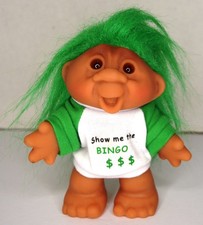 1986 THOMAS DAM LUCKY BINGO TROLL 5" DOLL GREEN HAIR SHOW ME THE MONEY SHIRT