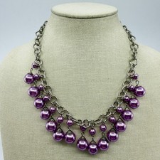 Purple Faux Pearl Dangle Bib Necklace Silver Tone Chunky Statement Jewelry Gift