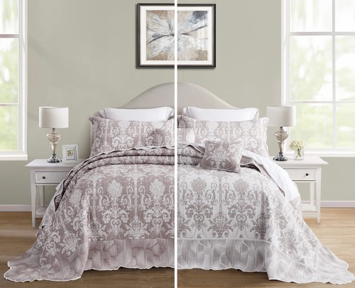 Copriletto King Oversize Jacquard Matelasse Motivo Damascato Design Leggero...