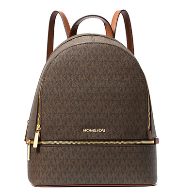 Michael Kors Rhea Medium Zip Backpack Handbag Signature Logo Canvas Brown NWT