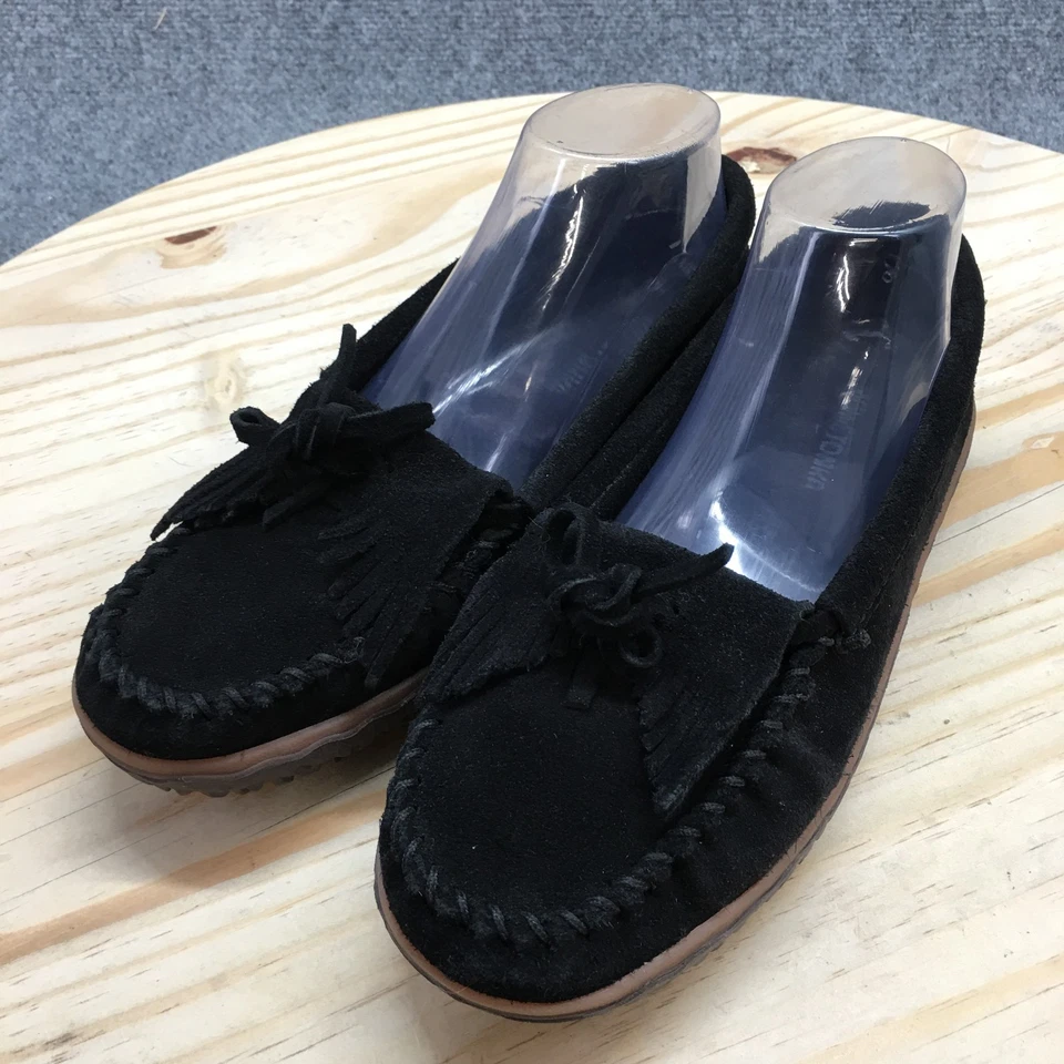 Zapatillas Minnetonka para mujer 9,5 Kilty banda de rodadura mocasines gamuza negra moño cómodo Foto 3 de 4