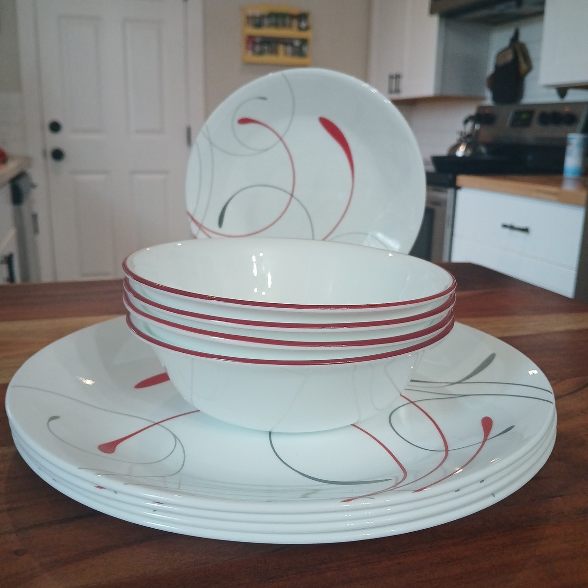 Corelle Complete Set of 12 Dishes Plates Bowls Impressions Splendor Red  Gray
