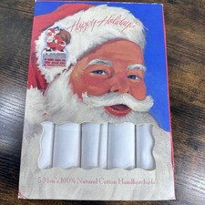 Vtg Christmas Handkerchiefs Men  s 5 Pack White Boxed Happy Holidays Santa NEW