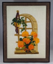 1970s Flower Window Hanging Plant Crewel Wall Art Framed Embroidery Cottagecore