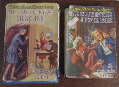 2 - Vintage Nancy Drew  MYSTERY LILAC INN / CLUE IN THE JEWEL BOX HB/DJ Orange