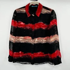 Alice Olivia Sheer Burnout Striped Button Up Silk Blend Shirt Top Medium