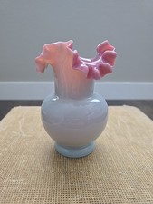 Jarrón de vidrio artístico bohemio vintage forrado en rosa con gris opaco claro