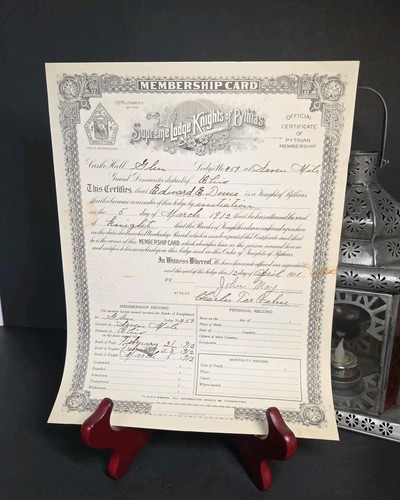 Antique 1921 Knights of Pythias Membership Certificate Seven Mile Ohio Seal