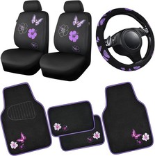 Universal Butterfly Car Seat Covers Front Set Embroidered Black With Purple