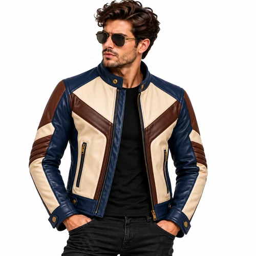 Mens Lambskin Leather Biker Jacket Navy Blue Brown Cream Cafe Racer Motorcycle video thumbnail