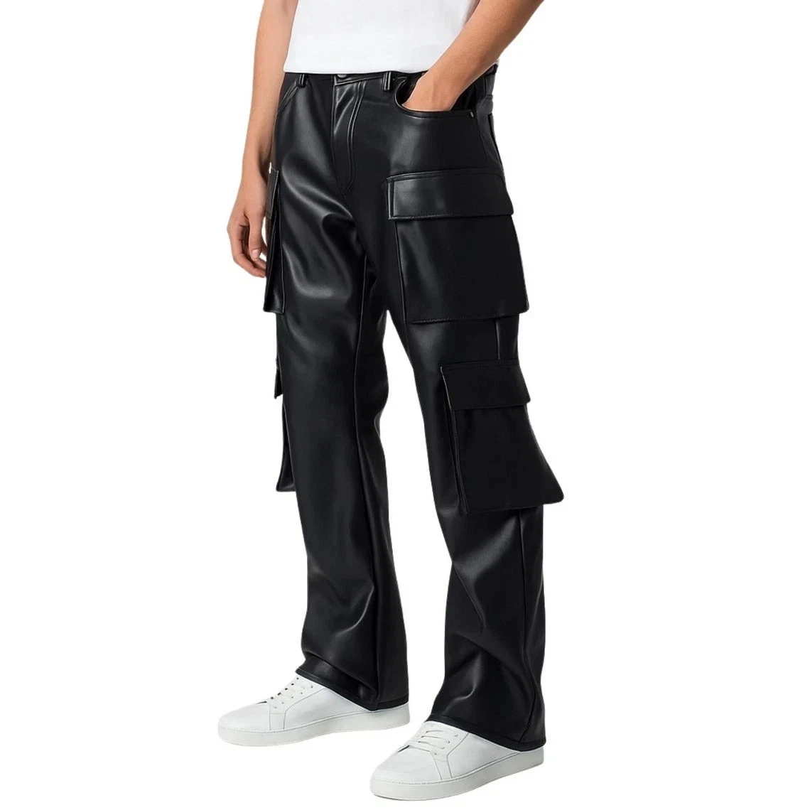 Men s Black Leather Cargo Pants Handmade Loose Fit Genuine Leather Pants