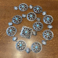 Navajo Vintage Older Stamped Sterling Silver Concho Belt Turquoise 35  145 Grams