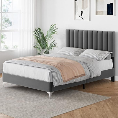 Queen Bed Frame with Velvet Headboard, No Box Spring Needed, Grey