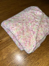 Handmade Crochet Baby Afghan Pink Pastel Confetti 32”x38” Swaddle Lap Blanket