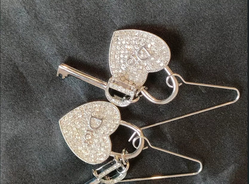 Christian Dior Heart Shaped Key Rhinestone Hook Earrings Silver