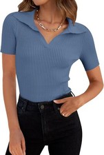 Women's 2025 Summer Ribbed Knit V Neck Short Sleeve Slim Fit Basic Solid Tee