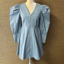 Sweet Lemon Dress Women Small Blue Zip Front Long Puff Sleeves Above Knee V-neck