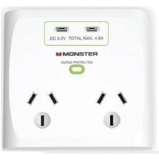 NEW Monster Dual Socket Surge Protector with Dual USB-C Ports White