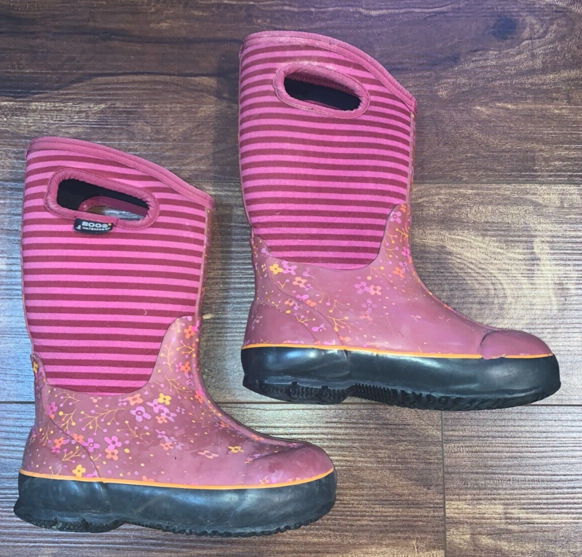 Bogs Kids Boots Classic Flower Stripes Pink Orange Waterproof Girls ...