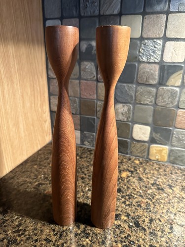 Danish Mid Century Modern Teak Tulip Candleholders- A Pair of 2