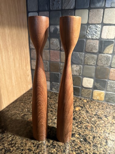 Danish Mid Century Modern Teak Tulip Candleholders- A Pair of 2 - Photo 1 sur 5