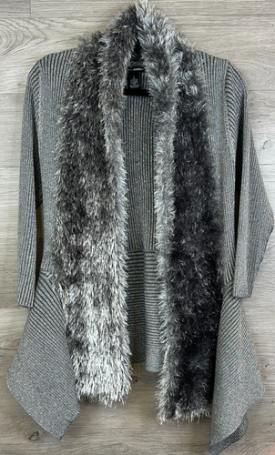 Lauren Michelle Strickjacke offen Pullover Damen klein grau Kunstfellbesatz gerippt