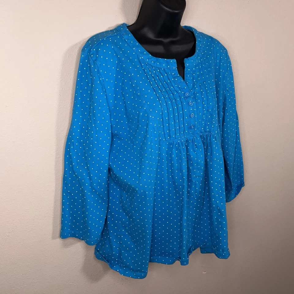 XL Basic Editions Blue White Polka Dot Top Retro Pinup Cotton - Image 4 of 4