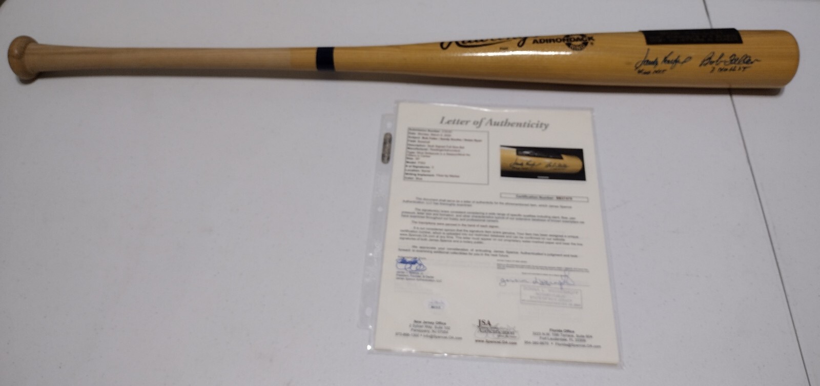 Nolan Ryan Autographed Signed Sandy Koufax, , Bob Feller No Hitter Inscribed Baseball Bat JSA 