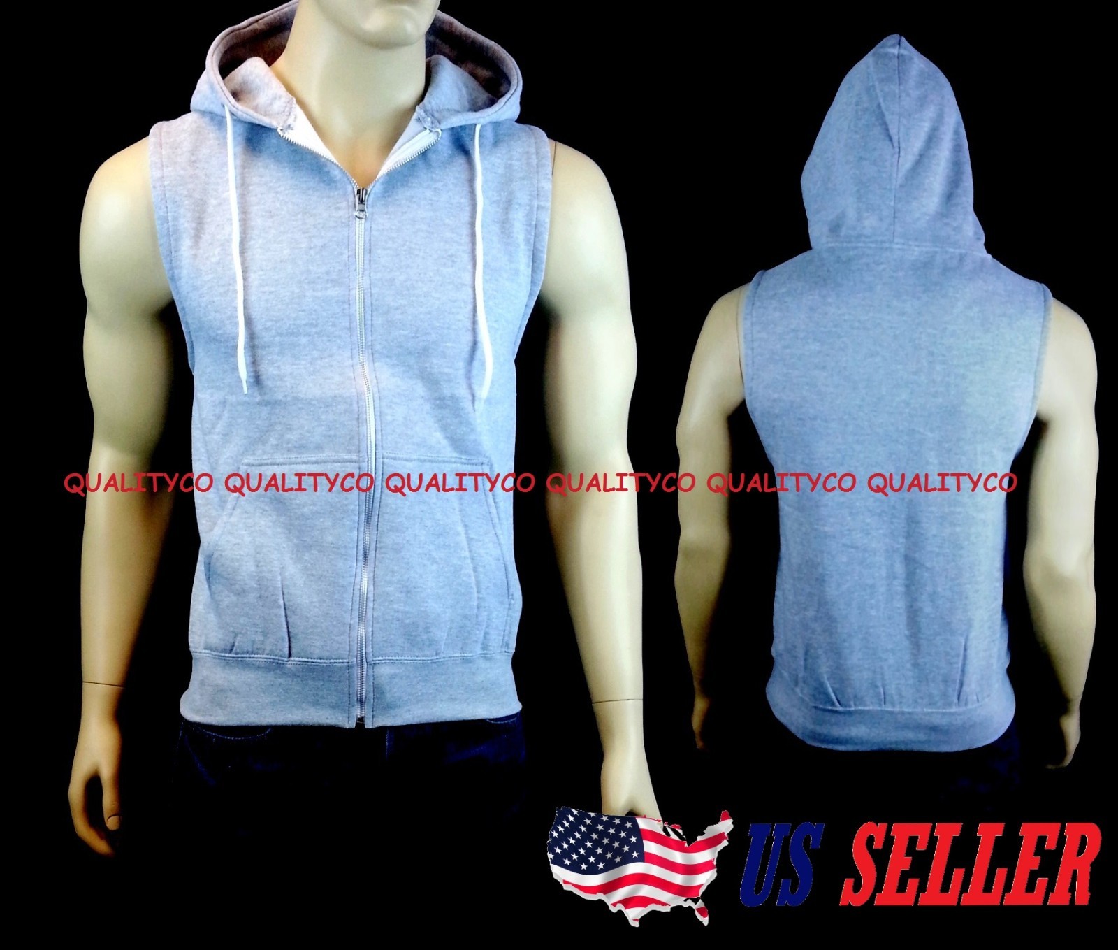 New Men's Gray Vest Zipper Hoodie Tank Top Biker Gym MMA Boxing Workout