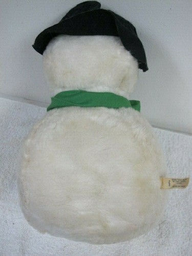 VINTAGE EDEN PLUSH SNOWMAN GREEN SCARF BLACK TOPHAT RED POM POMS 13" - Picture 4 of 4