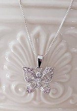 FAS 925 Sterling Silver Butterfly Pendant Crystal Accents Sterling Box Chain 20"