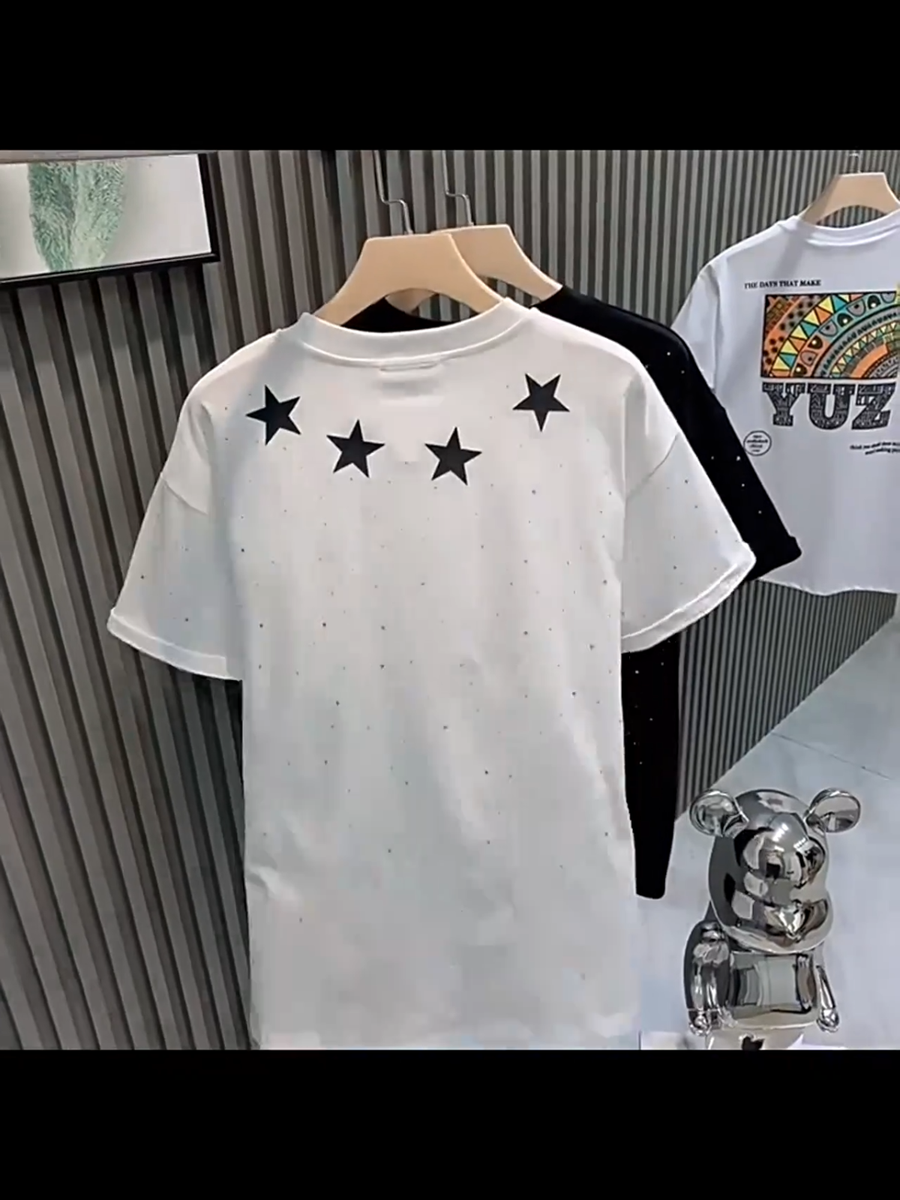 Fashion Trend Stars Rhinestone Diamond Summer Short Sleeve