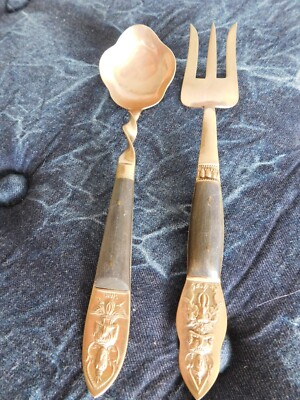 Vintage Siam Thailand Brass & Wood Salad Serving Set Fork Spoon Buddah Carved