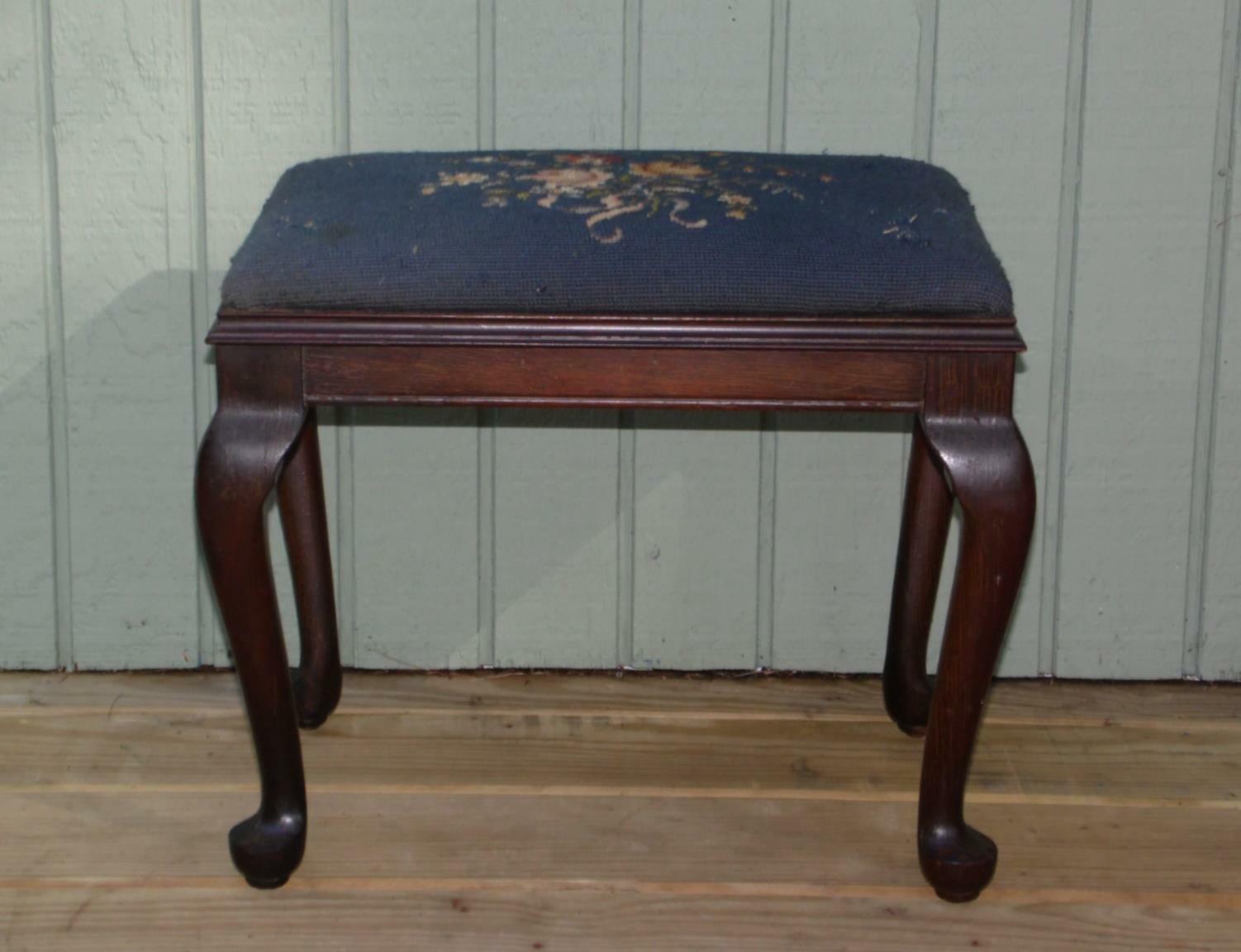 Vintage Mahogany Queen Anne Footstool Needlepoint Ottoman Stool