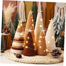 6 Pcs Boho Christmas Yarn Tree Natural Xmas Yarn Cone Pedestal Decoration Brown