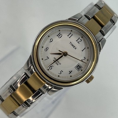 Timex Watch Women Indiglo WR 50M Silver Gold Tone White Dial NEW BATTERY RUNS!