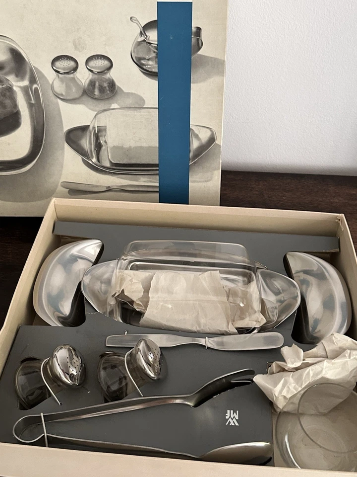 SF WMF gr. Frühstücksset Butterdose Zange Streicher Senf Cromargan Wagenfeld OVP - Bild 3 von 4